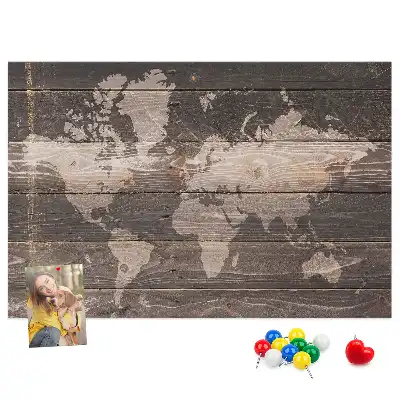 Bilder-Korktafel Weltkarte auf Holz
