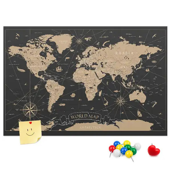 Bilder-Korktafel mit einer stilvollen Retro-Weltkarte