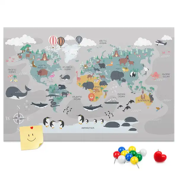 Kork-Pinnwand mit Cartoon-Weltkarte