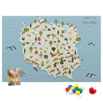 Kork-Pinnwand mit Polen-Karte und Tiermotiven