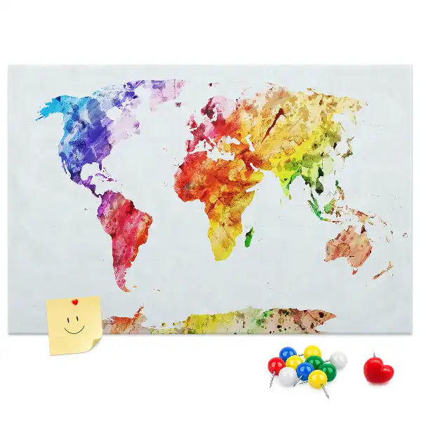 Pinnwand aus Kork mit Pastellmalerei-Motiv Weltkarte
