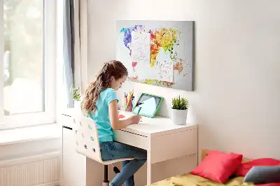 Pinnwand aus Kork mit Pastellmalerei-Motiv Weltkarte