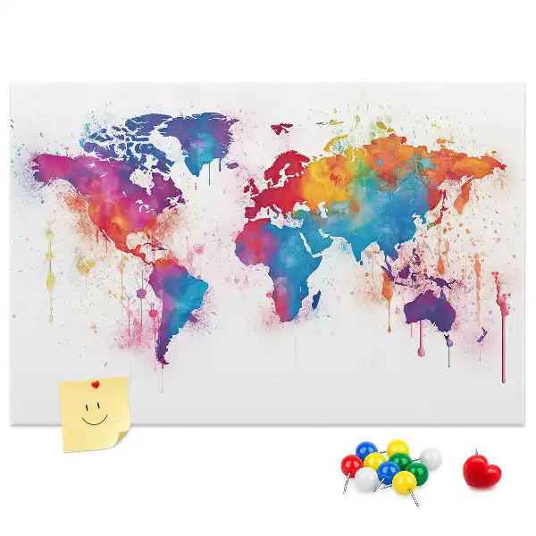 Bilder-Korktafel mit geografischer Weltkarte