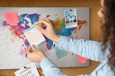 Bilder-Korktafel mit geografischer Weltkarte