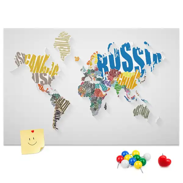 Bedruckte Korkplatte mit Geografie-Design aus Buchstaben und Wörtern