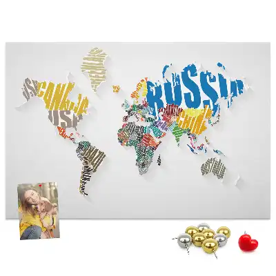 Bedruckte Korkplatte mit Geografie-Design aus Buchstaben und Wörtern